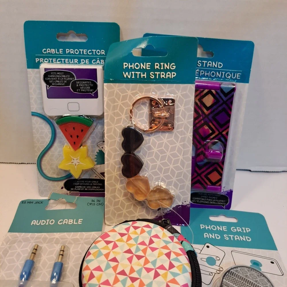 Cell Phone Accessories Yard Sale Leftovers, Stand, Grip, Audio Cable, Pouches x2